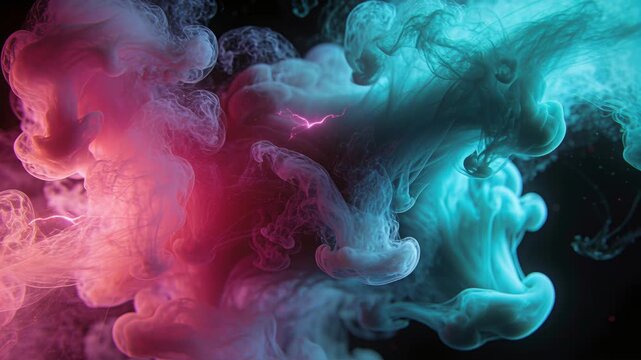 Pink electrical lightning arcs through billowing pink and cyan smoke clouds against a black background