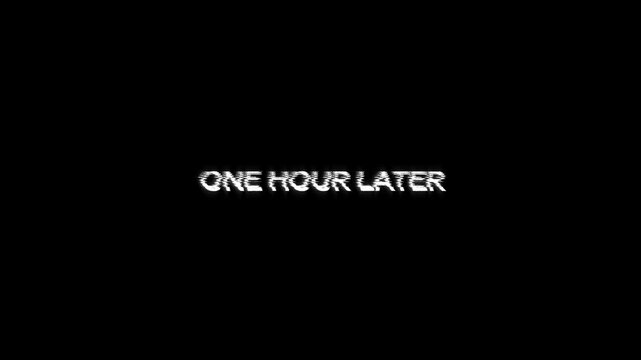 one hour later text animation with glitching movie effect on background. 4k video footage transitions trailer, banner title on one hour later glitch