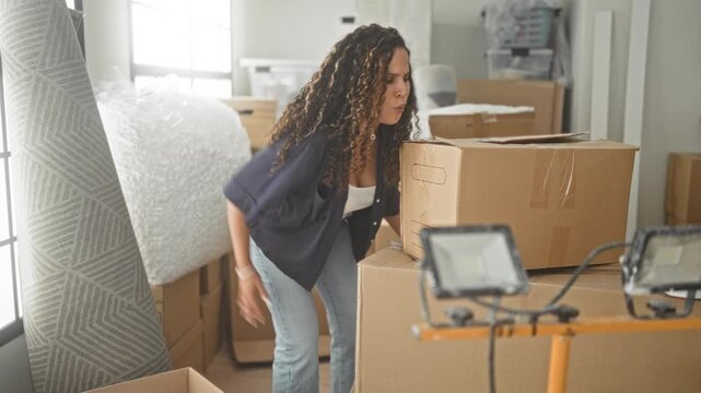 Woman with curly hair, young hispanic, lifting cardboard boxes while reaching and holding lower back during unpacking in a building; moving strain pain.