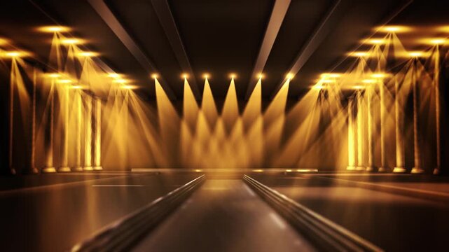 Gold hall features fluted pillars, floor layered ceiling beams beneath dramatic stage lighting. premium brand launches, formal event invitations, fashion presentations prestigious ceremony promotional