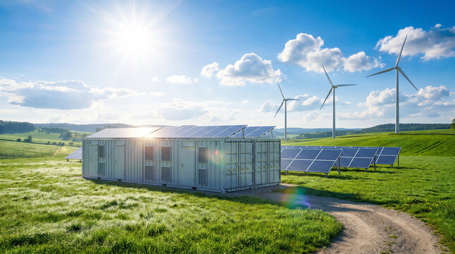 Renewable energy storage system with solar panels wind turbines and lithium ion battery container in fresh morning nature