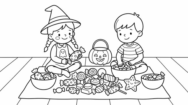 Boy and girl in witch hat sorting Halloween candy on a rug.