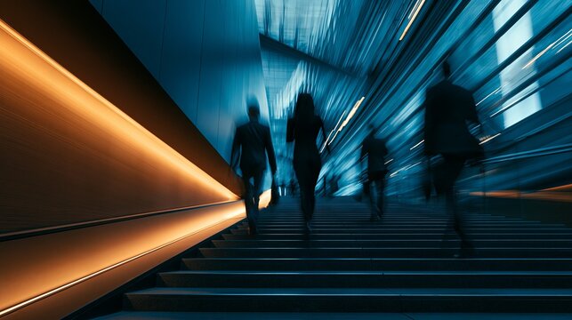 Business professionals moving up modern corporate stairs with speed. Business team advancing with motion blur, embodying progress and urgency in a corporate setting