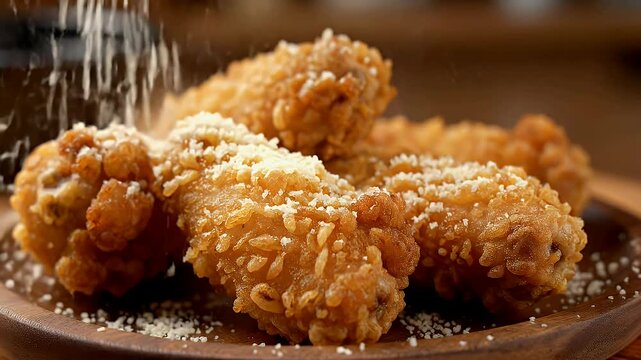 Golden Crispy Fried Chicken Wings Dusted with Grated Parmesan Cheese As Culinary Delight in 4K