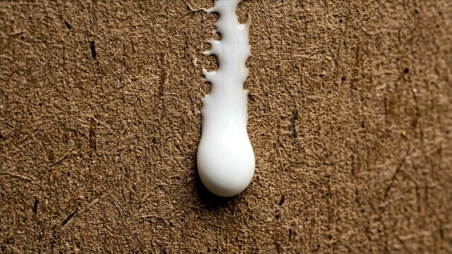Thick drop of opaque white craft glue dripping on rustic brown kraft paper