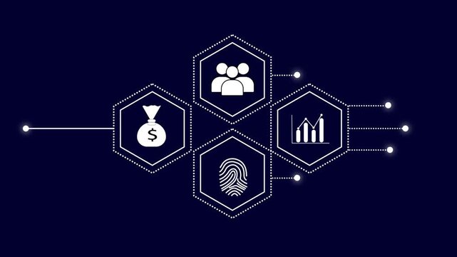Financial data animation tracks dynamic security icons on dark blue. Investment analytics stream along the financial data. Banking networks guard the financial data.
