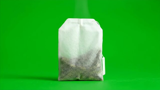 Isolated Peppermint Tea Bag Steaming Gently Against Vibrant Green Background - Perfect for Wellness and Beverage Concepts