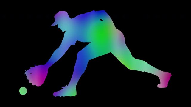 Colorful abstract patterns of baseball defensive fielding by a male athlete, alpha channel, looping