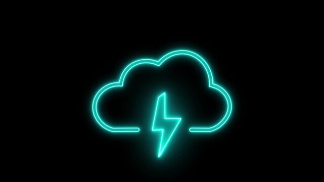 Cyan neon cloud animation flashes an energetic power lightning bolt. High speed server storage routes from this neon cloud. Modern database networks power the active neon cloud.