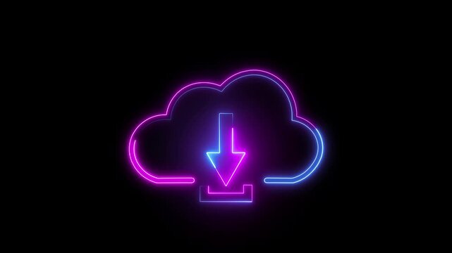 Neon cloud download animation glows in pink and blue lines on black. File transfer progress updates across the cloud download. Remote database systems use the cloud download.