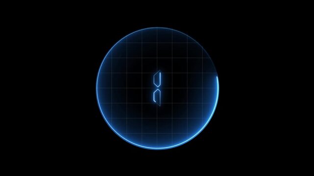 Blue neon number three animation glows within a digital grid circle. Numerical countdown telemetry tracks on the neon number three. Modern timer graphics drive this neon number three.