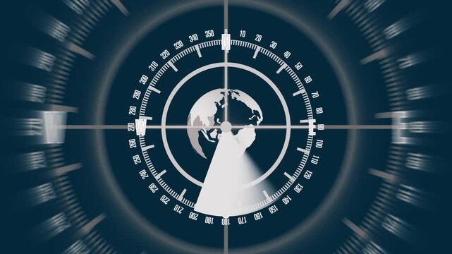 Radar screen animation sweeps across Earth with dynamic blur lines. Global surveillance telemetry tracks on the radar screen. High tech planetary monitoring runs the radar screen.