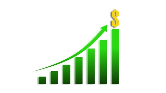 Green bar chart animation rises with an upward arrow on clean white. High corporate business revenue tracks on the bar chart. Profitable economic growth drives this bar chart.