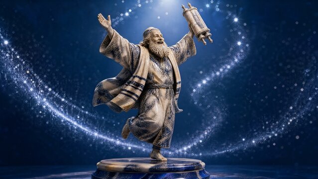 Blue Ivory Marble Bust of Joyful Jewish Elder Dancing With Torah at Simchat Torah