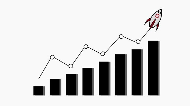Rocket launch animation flies over an upward rising business graph. High economic revenue expansion reflects on the graph. Corporate investment success drives this graph.