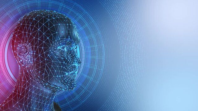 Profile human head luminous polygon lines data nodes beside spacious blue copy space. biometric identity facial analysis, virtual human concepts, security presentations digital technology advertising.