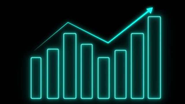 Cyan neon bar chart animation rises with an upward growth trend arrow. Corporate business revenue updates on the neon bar chart. Profitable economic progress drives this bar chart.