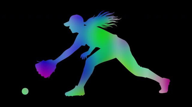 Colorful abstract patterns of baseball defensive fielding by a female athlete, alpha channel, looping