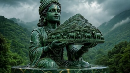 Fototapeta premium Forest Green Marble Bust of Hindu Devotee With Miniature Govardhan Mountain