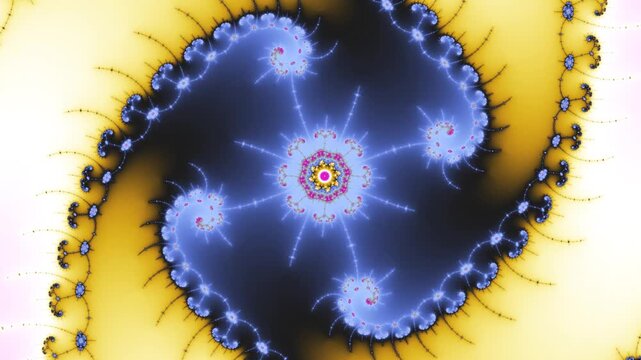Psychedelic Iridescent Fractal Spiral with Shifting Yellow Pink and Blue Colors, Abstract Motion Graphic Background