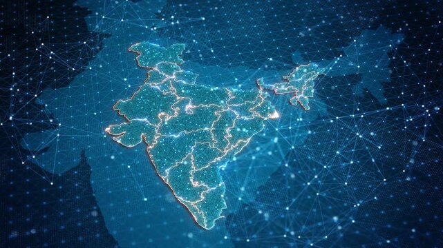 India appears geographic network states, connection points, global data lines. digital transformation, infrastructure, logistics, economic analysis, nationwide services, connectivity, innovation 3D