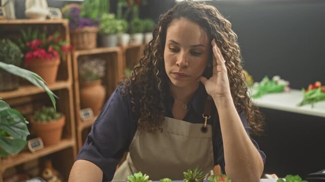 Woman florist wearing apron rests hand on temple above potted succulents on counter in studio; quiet fatigue contemplation.