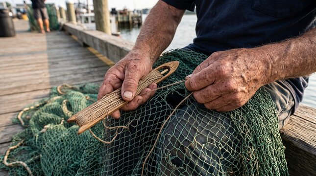 Traditional Indonesian Fishing Net Mending Documentary Photography