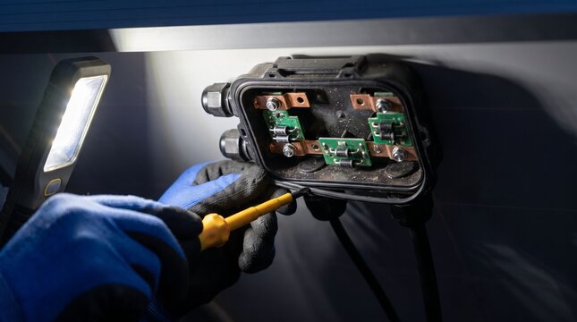 Technician repairing solar panel diode junction box with screwdriver