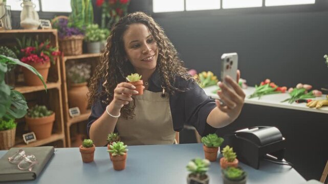 Woman florist with curly hair wearing apron holds succulent pot and smartphone while taking selfie with workspace of potted succulents and tools in studio; small business joy.