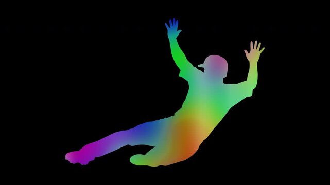Colorful abstract patterns of baseball sliding by a male athlete, alpha channel, looping