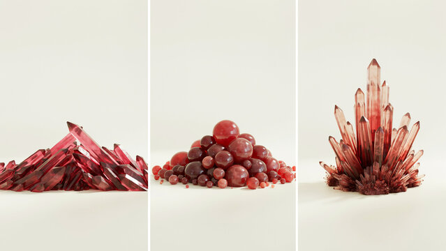 Three panels showing dark red crystal formations and spheres on a plain light neutral