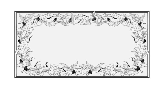 An ornamental Japanese frame featuring flying cranes (tsuru) and clouds in a traditional black and white style.