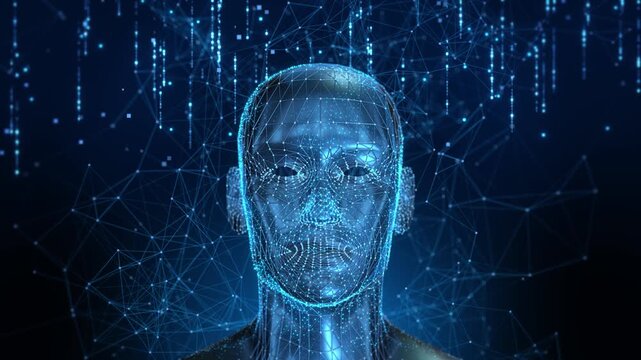 Cyber Head built from mesh points digital identity, cognition, intelligent machines. facial recognition, biometric security, generative technology, virtual assistants, data science, future computing,