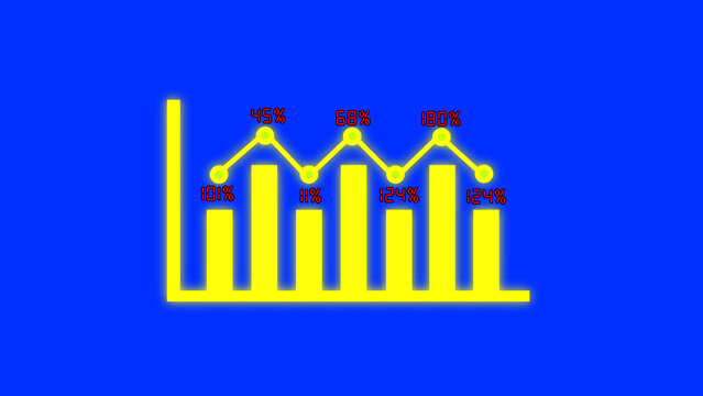 Yellow Bar Chart and Line Graph with Percentage Data on Blue Background statistics financial