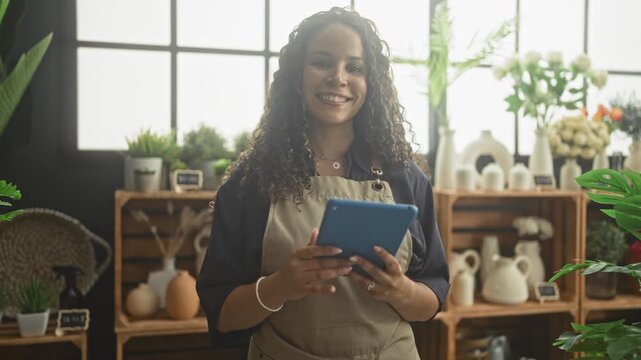 Woman florist holding blue tablet, hands tapping tablet in studio among shelves of flowers and ceramic vases; cheerful small business.