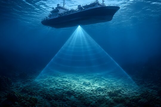 Ship Mounted Sonar Beam Scans Seafloor Beneath Vessel with Acoustic Cone for Marine Survey Technology