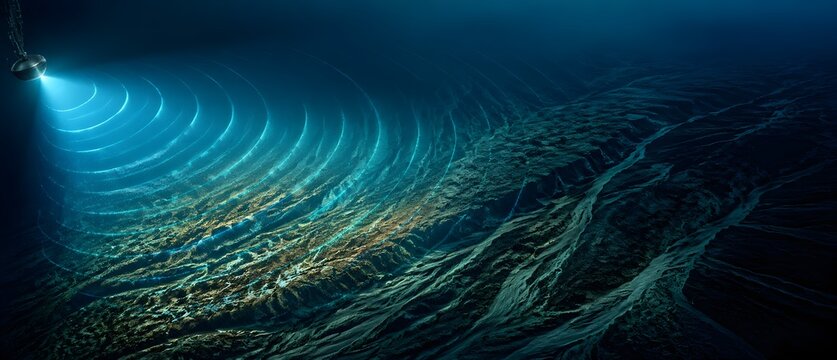 Underwater Sonar Scan Reveals Deep Sediment Channels with Luminous Wavefronts for Advanced Marine Mapping Technology