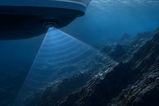 Vessel Hull Sonar Transducer Sends Fan Shaped Waves Toward Rugged Underwater Terrain for Marine Mapping