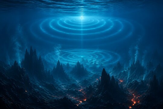 Acoustic detection waves traveling over a submerged volcanic Underwater Technology Stock Visual for Marine Research