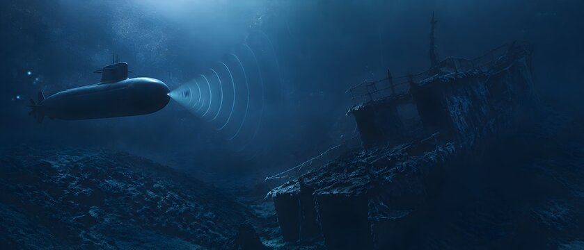 Generic submarine using sonar detection near a submerged Underwater Technology Stock Visual for Marine Research