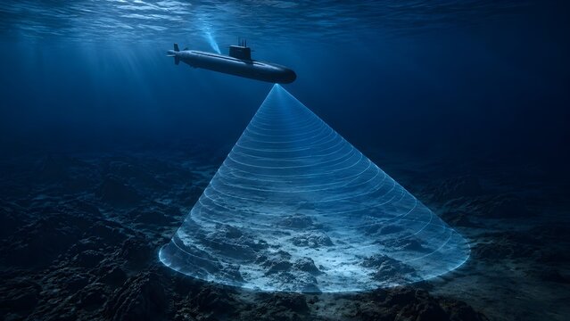 Submarine Sonar Beam Sweeping Seabed with Realistic Acoustic Cone for Deep Ocean Navigation Technology Systems
