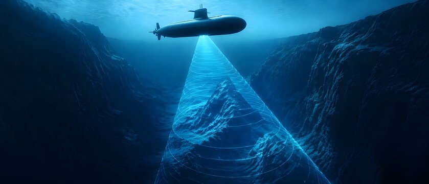 Submarine passing above an ocean trench while sonar Underwater Technology Stock Visual for Marine Research