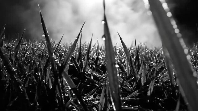 Black and white close up of dewy grass blades with glistening water droplets and light mist in atmospheric scenery
