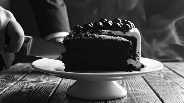 Black and white close up of a knife cutting a slice of chocolate cake with cherries on a cake stand
