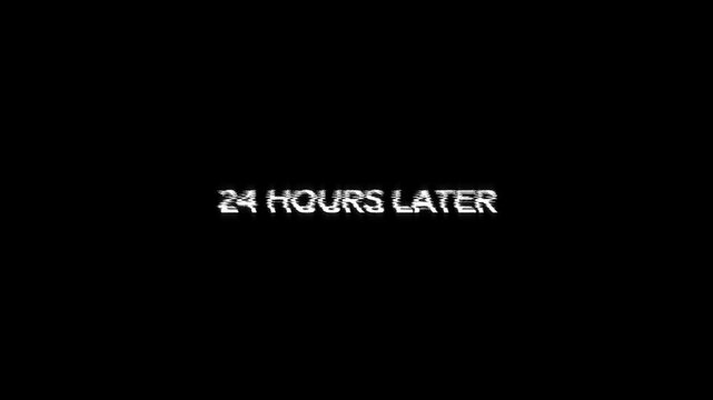 24 hours later text animation with glitching movie effect on background. 4k video footage transitions trailer, banner title on 24 hours later glitch