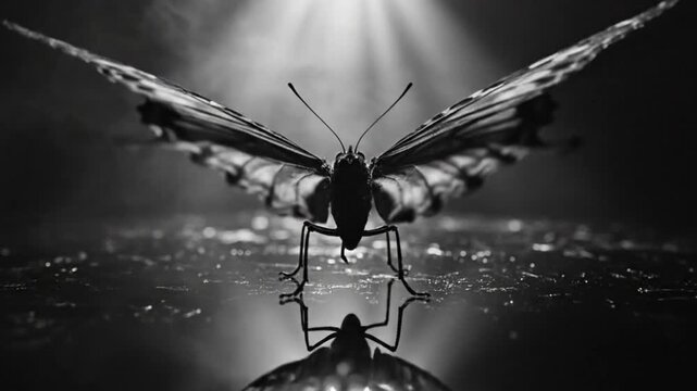 Black and white close-up of a butterfly with open wings reflecting on a shiny surface under a spotlight