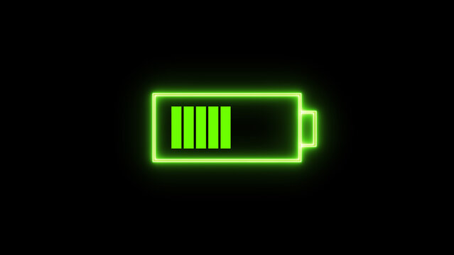 Green neon battery icon with partial charge on black background partial battery power