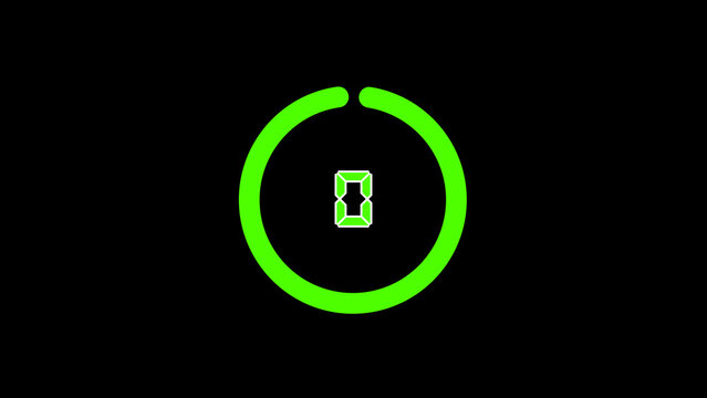 Green Neon Circle Timer with Digital Number 0 on Black Background countdown zero