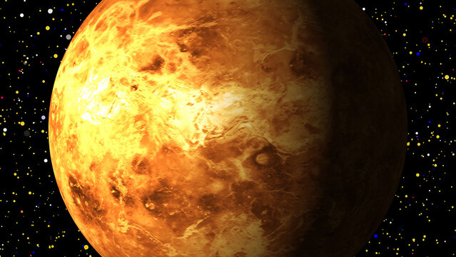 Close-up of planet Venus with swirling clouds and starry background space cosmos