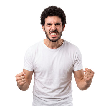 Angry man transparent background shouting clenched fists rage portrait aggression Bearded adult in a white shirt yells with tense arms for conflict frustration protest outrage and reaction concepts